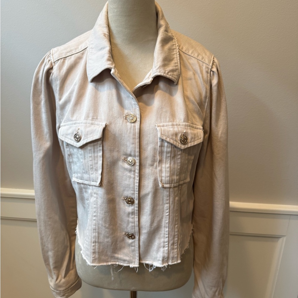 PAIGE szM Pacey Raw Hem Crop Twill Beige/Cream Denim Jacket. Perfect Condition